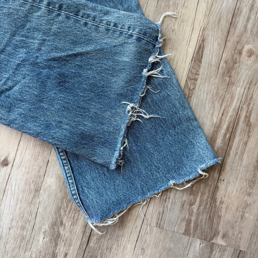 Reformation Mid Crop Flare Jeans Baltic Wash Blue Button Fly Raw Hem Size 28 - Picture 6 of 12